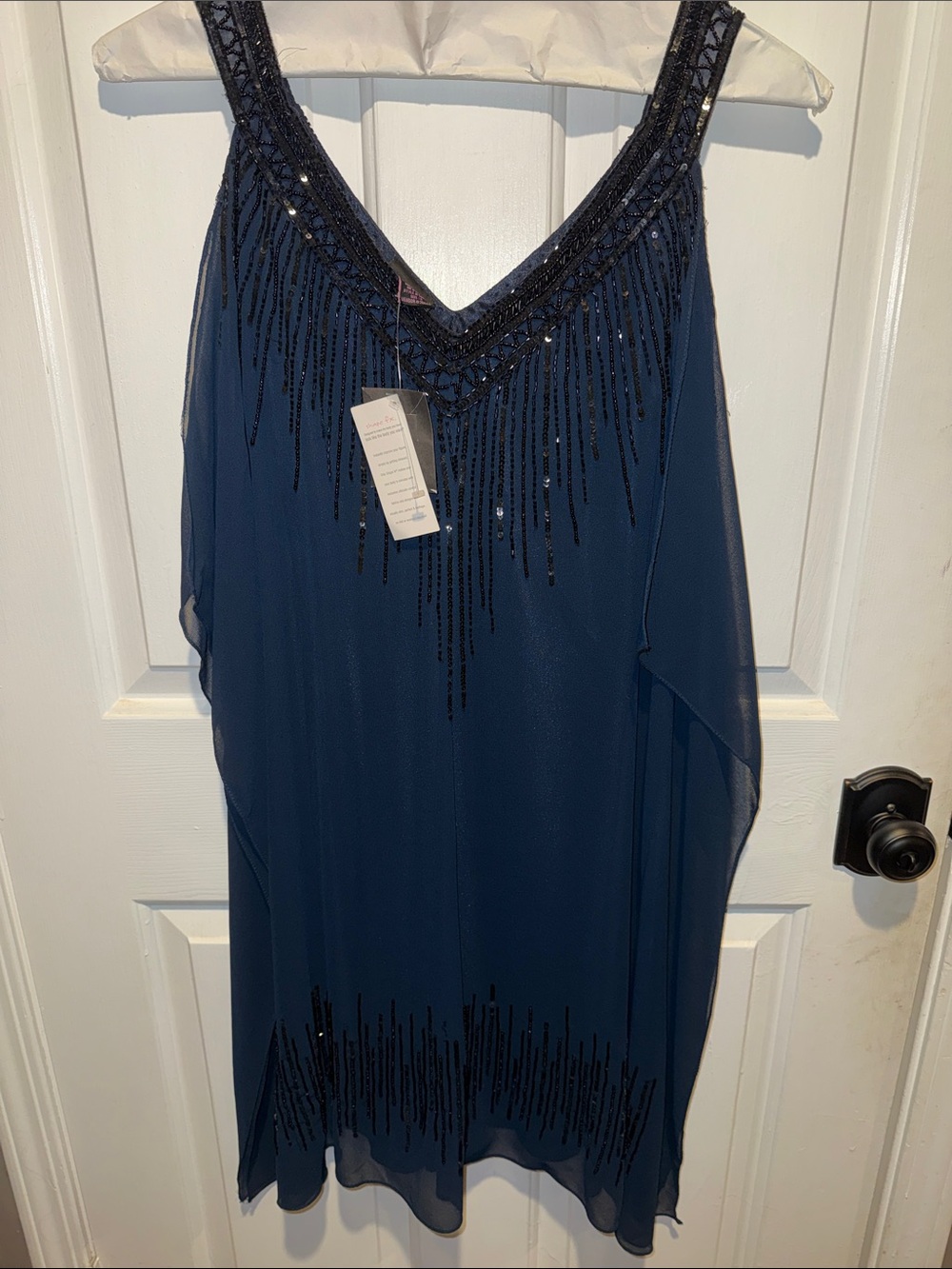 Shape FX Navy Beaded V-Neck Midi Dress